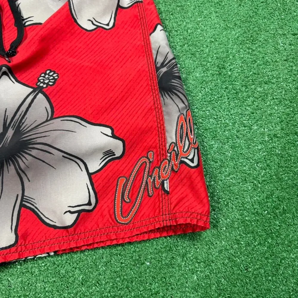Vintage O’Neill Board Shorts Mens 34 Red Floral Surf Swim Trunks Y2K Hawaiian
